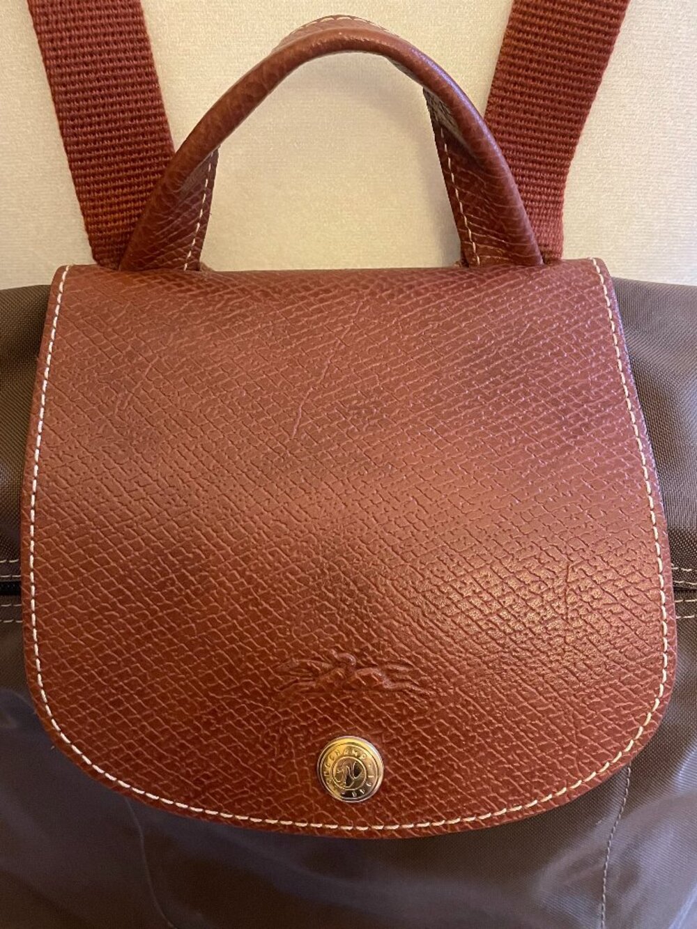 Longchamp Le Pliage Brown Original Backpack with Leather Flap and Snap - Picture 2 of 10